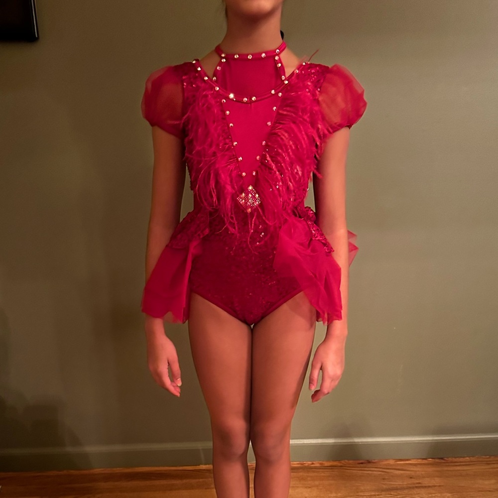 Adorable dance costume, sequins rhinestones, feathers, tulle, real sassy piece!!